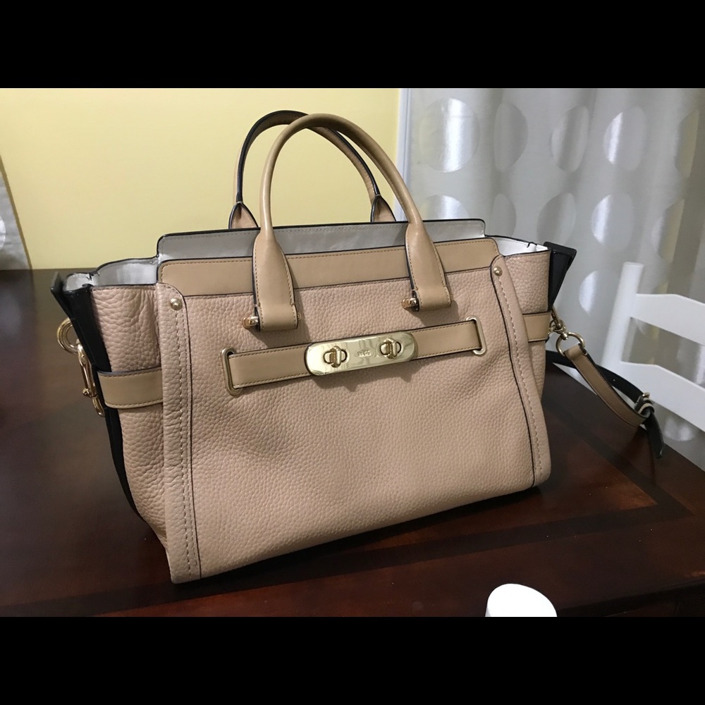 Coach Swagger handbag pebbled leather beige taupe